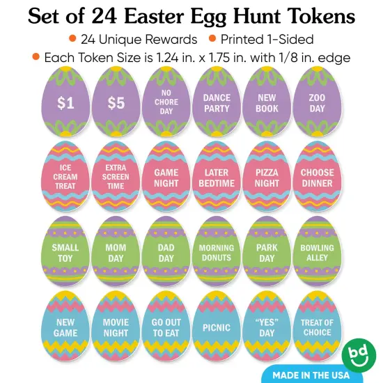 Big Dot of Happiness Hippity Hoppity Easter Egg Hunt Token Stuffers, 24 Count Egg Shape Filler Tokens with Rewards for Kids, Reusable Easter Activity, Egg Hunt Supplies {5}