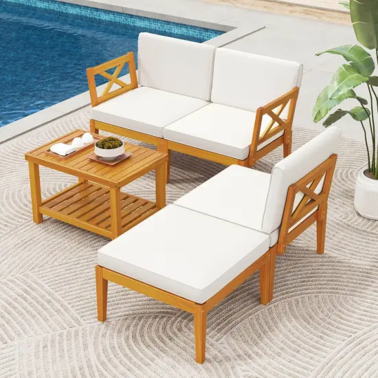 Costway 5 PCS Acacia Wood Patio Furniture Set with 2-Tier Coffee Table and Cushions {5}