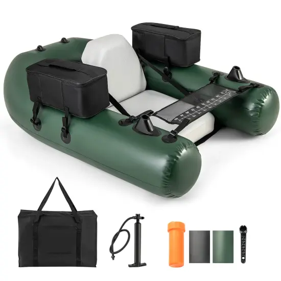 Costway Inflatable Fishing Float Tube with Fish Ruler Angling Base 2 Storage Pockets Pump {1}
