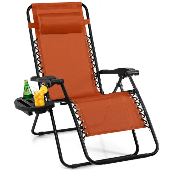 Costway Folding Zero Gravity Reclining Lounge Chairs Beach Patio with Utility Tray Orange {7}