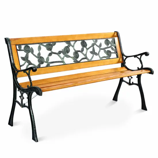 Costway Patio Park Garden Bench Porch Chair Outdoor Deck Cast Iron Hardwood Rose {1}