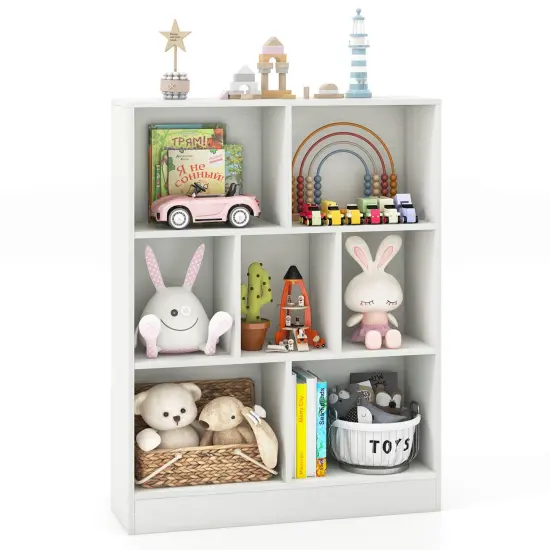 Costway 7-Cube Bookcase for Kids 41" Wooden Toy Storage Organizer Freestanding Bookshelf Brown/White {8}