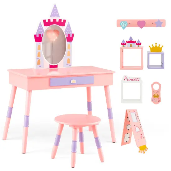 Costway Kids Vanity Set Princess Makeup Pretend Play Dressing Mirror Castle Girls Pink {2}