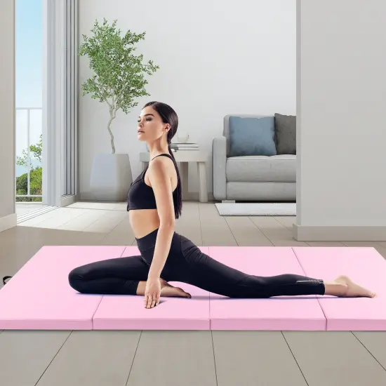 4-Panel PU Leather Folding Exercise Mat with Carrying Handles and Hook and Loop Fasteners Pink {6}