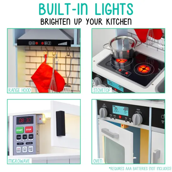 Lil' Jumbl Small Wooden Pretend Play Kitchen Set for Kids with Stovetop, Oven, and Interactive Features Blue {3}