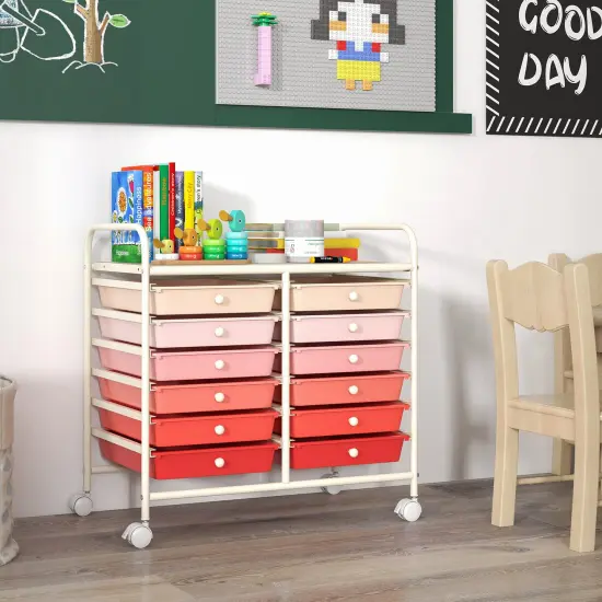 12 Removable Drawers Rolling Storage Cart with 4 Universal Wheels and Metal Frame Pink {6}