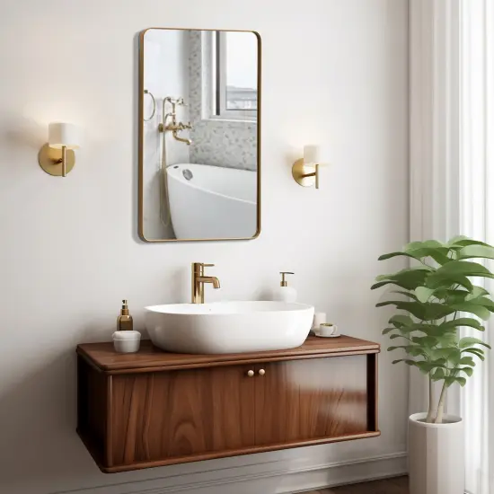 Basicwise Plastic Medicine Cabinet with Beveled Edge Mirror Door and Round Corner Metal Frame, Surface or Recessed Mount Options, Bathroom Wall Mounted Vanity Cabinet with 2 Adjustable Shelves Gold {2}