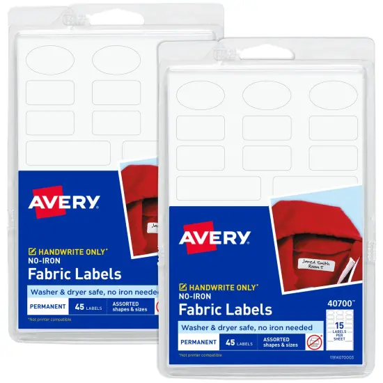 Avery No-Iron Fabric Labels, Assorted Shapes and Sizes, Washer and Dryer-Safe, White, Non-Printable, 45 Labels Per Pack, 90 Blank Labels Total (2-Pack of 40700) {1}