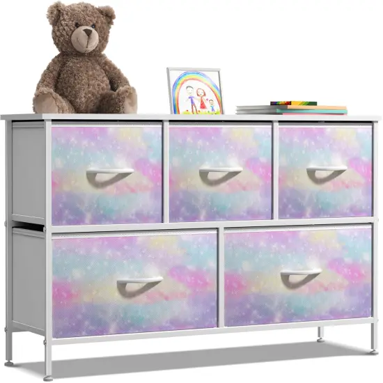 Sorbus Dresser with 5 Drawers - Storage Chest Organizer Unit with Steel Frame, Wood Top, Easy Pull Fabric Bins - Long Wide TV Stand for Bedroom Furniture, Hallway, Closet & Office Organization Rainbow sparkle {1}