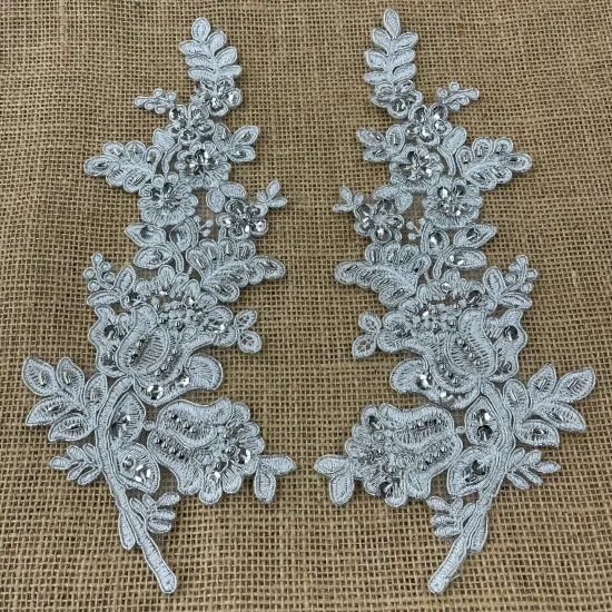 1 Pair Beaded & Corded Floral Lace Applique 100% Polyester Net Mesh 12" X 3.5" Each Side Lilac Color {2}
