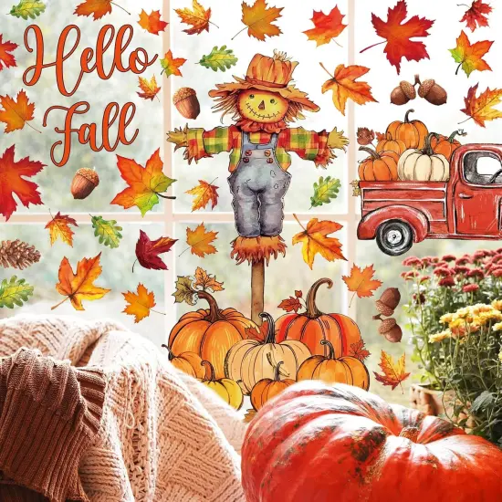6 Sheets Fall Window Clings Watercolor Truck Pumpkin Maple Leaves {2}