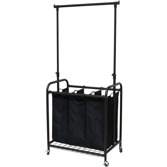 Bronze-Black Polyester 3-Bag Laundry Sorter Hamper with Adjustable Hanging Bar and Casters {1}