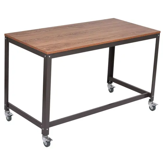 Black-Brown Modern Computer Desk with Locking Wheels and Steel Frame {1}