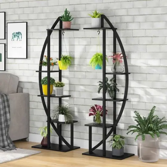 Set of 2 Modern Black Metal Wood 10-Shelf Plant Stand for Indoor Outdoor {1}