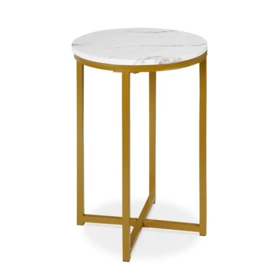 Round Cross Leg Coffee Side Table with Faux Marble Top for Living Room {2}