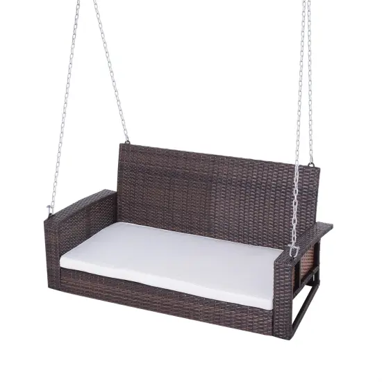 Espresso Wicker Porch Swing 7ft with Hanging Chain and Cushion {1}