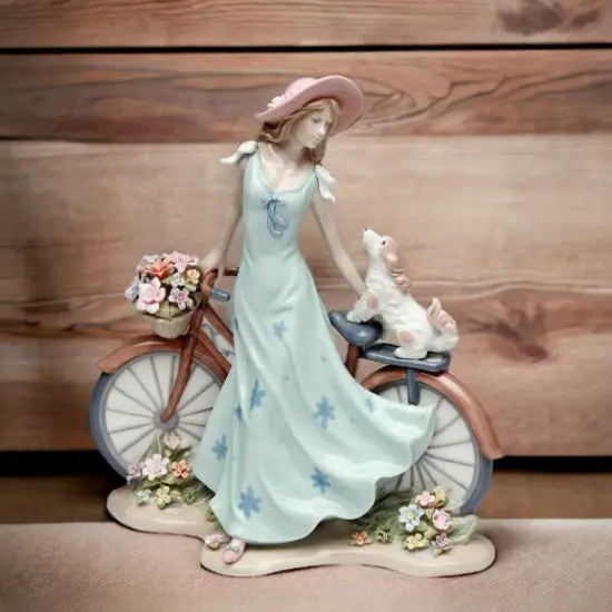 Ceramic Pretty Lady and Dog on Bicycle with Flower Basket Figurine, Home Décor, Gift for Her, Gift for Mom, Dog Lover Gift, Pet Loss Gift {2}