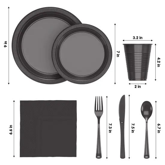 Exquisite 350 Pcs Plastic Plates for Party &ndash; Disposable Plates Set &ndash; 50 Each of 9" Dinner Plates, 7" Dessert Plates, Plastic Cups, Napkins & Plastic Cutlery &ndash; Plastic Dinnerware by Party Solids Black {2}