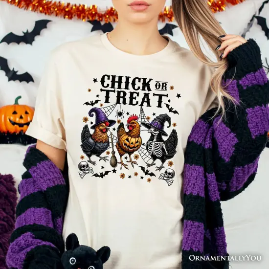 Chick or Treat Chicken T-Shirt, Funny Farmhouse Halloween Tee {2}