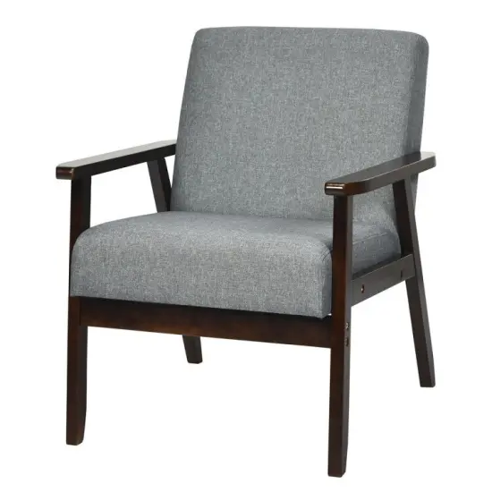 Grey Linen Accent Chair with Rubber Wood Frame Wide Seat and Armrests for Living Room or Bedroom {1}
