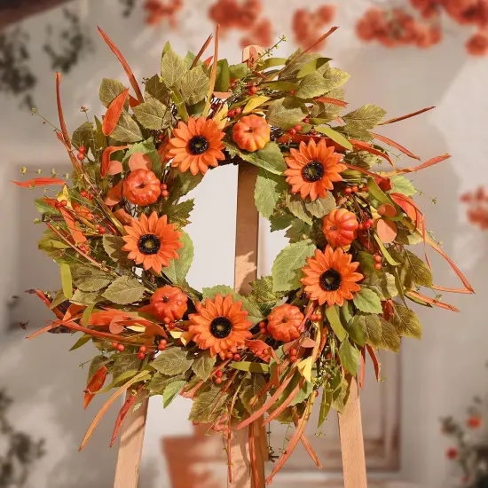22" Fall Autumn Pumpkin Wreath with Sunflower {5}