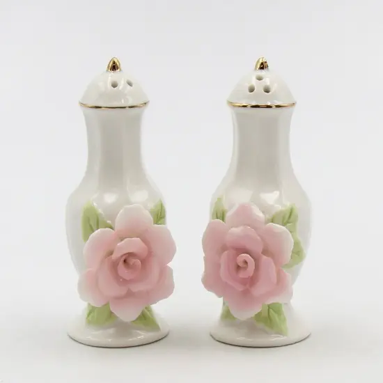 Ceramic Pink Rose Jar With Gold Trim Salt And Pepper Shakers, Home D&eacute;cor, Gift for Her, Gift for Mom, Kitchen D&eacute;cor {2}