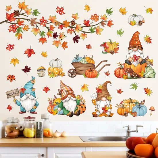 Thanksgiving Autumn Gnome Wall Decals Fall Maple Tree Branch {2}