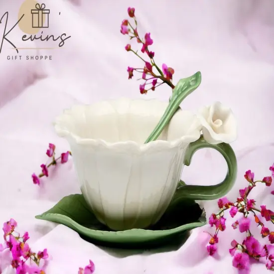 Ceramic White Daisy Flower Cup and Saucer and Spoon-1 Set, Gift for Her, Mom, Gift for Friend or Coworker, Tea Party D&eacute;cor, Caf&eacute; Decor {1}