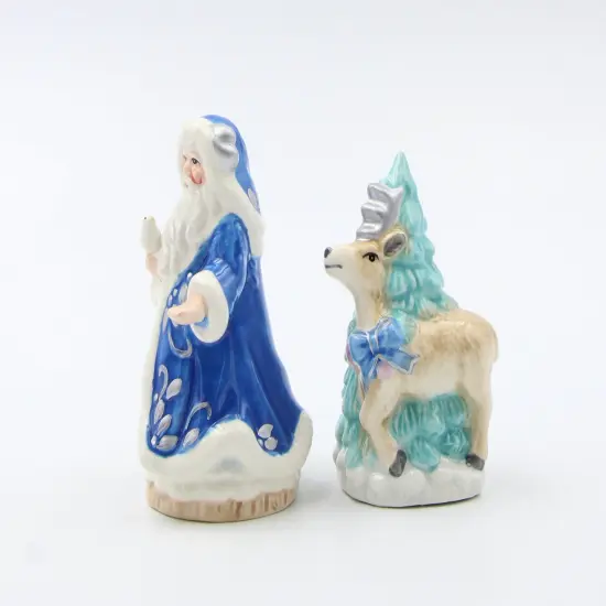Hand Painted Ceramic Blue Santa Claus with Reindeer & Tree Salt and Pepper Shakers, Home Décor, Gift for Her, Gift for Mom, Kitchen Décor {5}