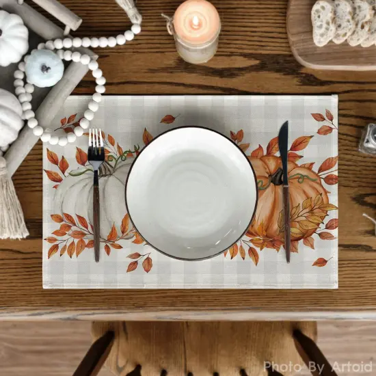 Set of 4 - Buffalo Plaid Polka Dot Pumpkins Leaves Fall Placemats {5}