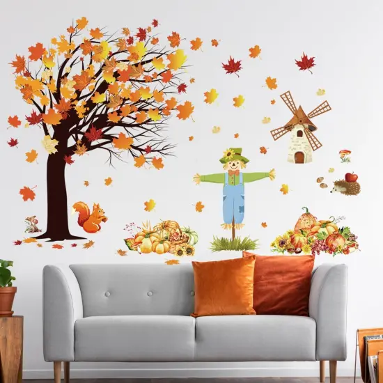 Fall Maple Leaves Wall Decals Autumn Pumpkin Scarecrow Wall Stickers {4}