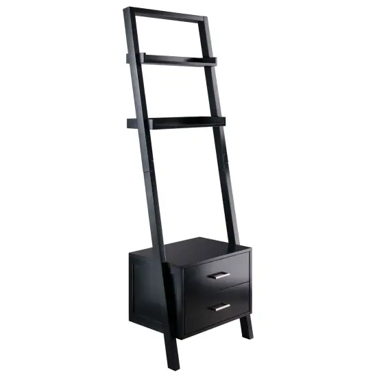 Modern Black Leaning Ladder Bookshelf with 2 Drawers and 2 Shelves for Entryway or Living Room {1}