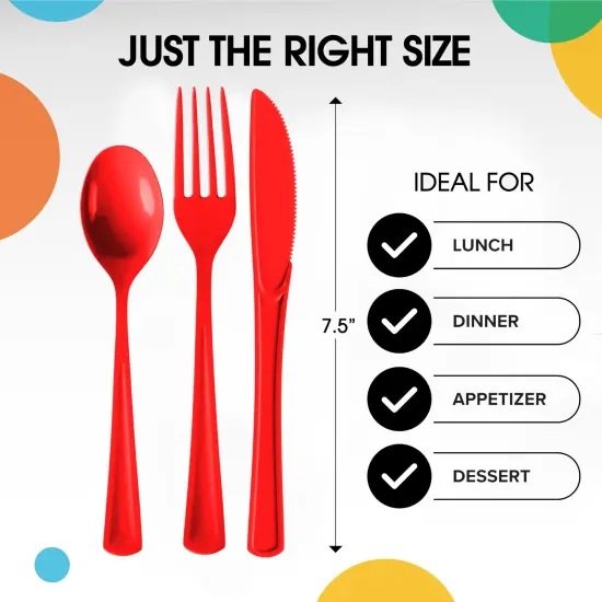 Exquisite Polished Plastic Silverware &ndash; 150 Pcs Heavy Duty Cutlery Set &ndash; 50 Each of Forks, Knives & Spoons &ndash; Disposable Utensil Set for Parties, Events & Catering &ndash; Flatware Set by Party Solids Red {3}
