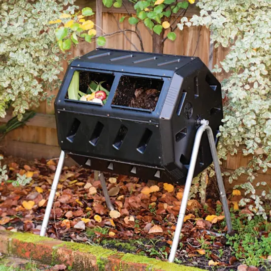 Outdoor Compost Bin with Turning Barrel and Dual Chambers {1}