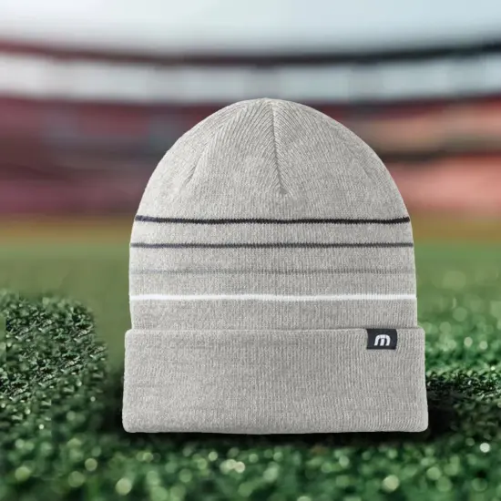TravisMathew Striped Cuffed Beanie Acrylic Warm Cozy Adjustable Cuff Personalized Fit Light Grey Heather {6}