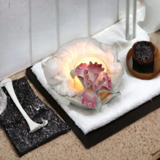 Ceramic Sleeping Cat with Iris Flower Tealight Candle Holder, Home D&eacute;cor, Gift for Her, Mom, Bathroom D&eacute;cor, Cat Lovers Gift, Pet Loss Gift {1}