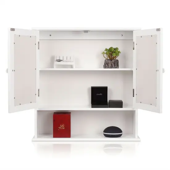 White Wall-Mounted Mirrored Medicine Cabinet with Open Shelf Shutter Doors, MDF, Bathroom Storage Organizer {3}