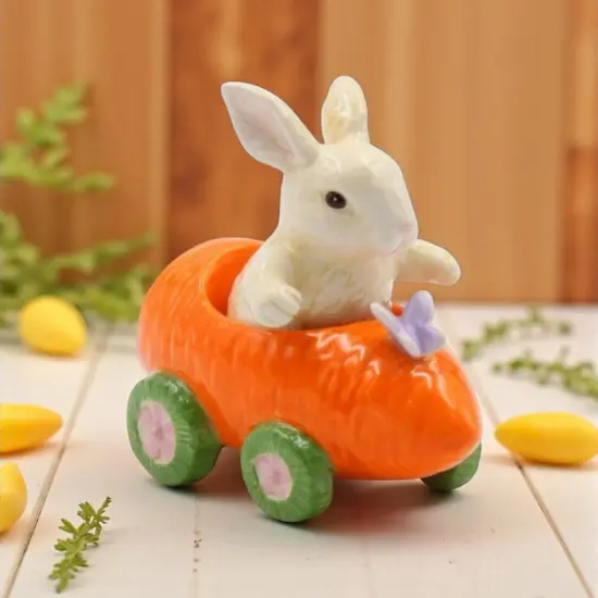 Ceramic Bunny Rabbit In Carrot Racecar Salt And Pepper Shakers, Home D&eacute;cor, Gift for Her or Mom, Kitchen D&eacute;cor, Spring or Easter D&eacute;cor {1}