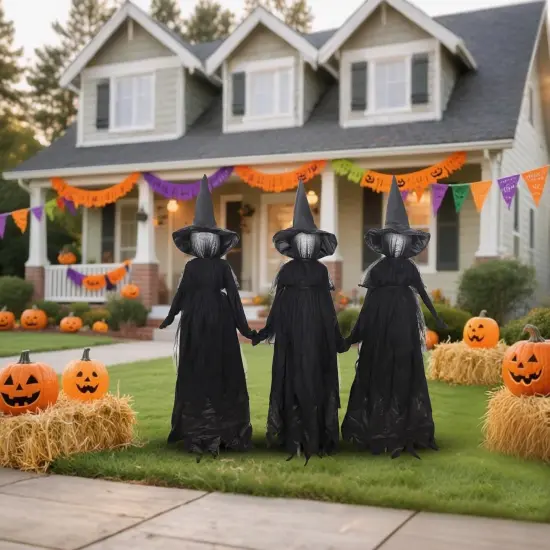 Set of 3 Halloween 4.6 FT Light Up Witch Stakes with LED Lights {5}