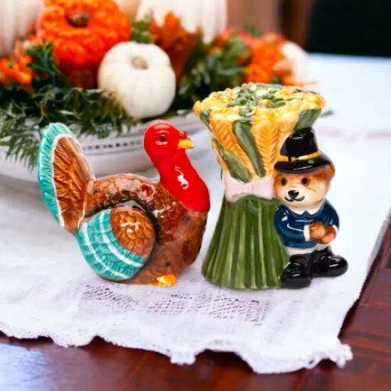 Ceramic Thanksgiving Teddy Bear and Turkey Salt and Pepper Shakers, Gift for Her, Gift for Mom, Farmhouse Kitchen D&eacute;cor, Fall D&eacute;cor {1}