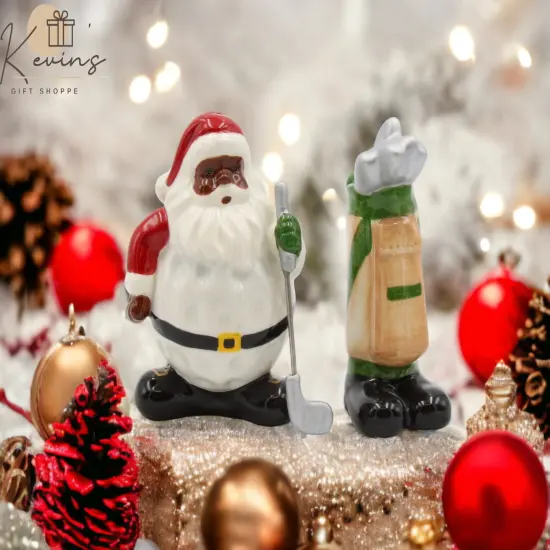 Ceramic African American Golfing Santa Christmas Salt And Pepper Shakers, Home D&eacute;cor, Gift for Him, Gift for Dad, Kitchen D&eacute;cor {1}