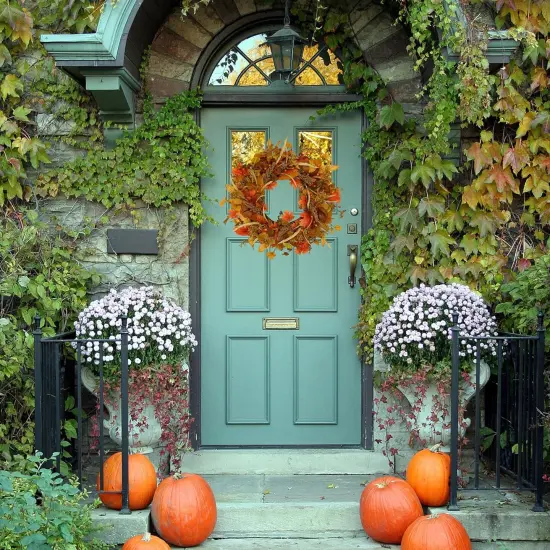 Artificial Fall Wreaths for Front Door Autumn Door Wreath with Maple Leaves {3}