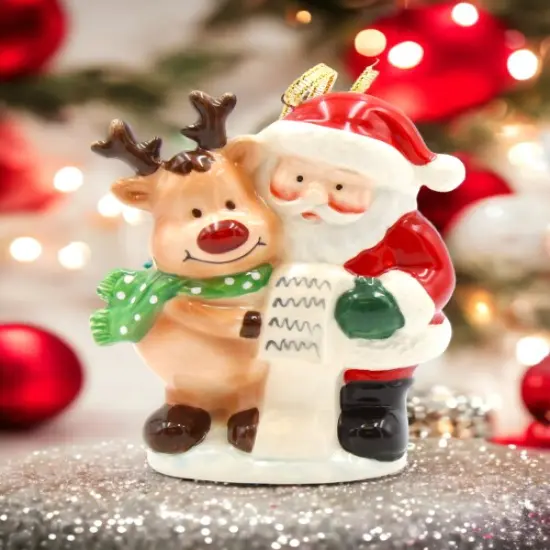 Ceramic Santa With Reindeer Ornament, Home D&eacute;cor, Gift for Her, Gift for Mom, Kitchen D&eacute;cor, Christmas D&eacute;cor {1}