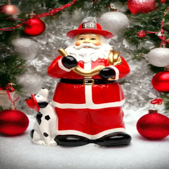 Ceramic Fire Fighter Christmas Santa Cookie Jar, Gift for Dad, Mom, Gift for Her, Fire Station Decor, Kitchen D&eacute;cor, Christmas D&eacute;cor {1}