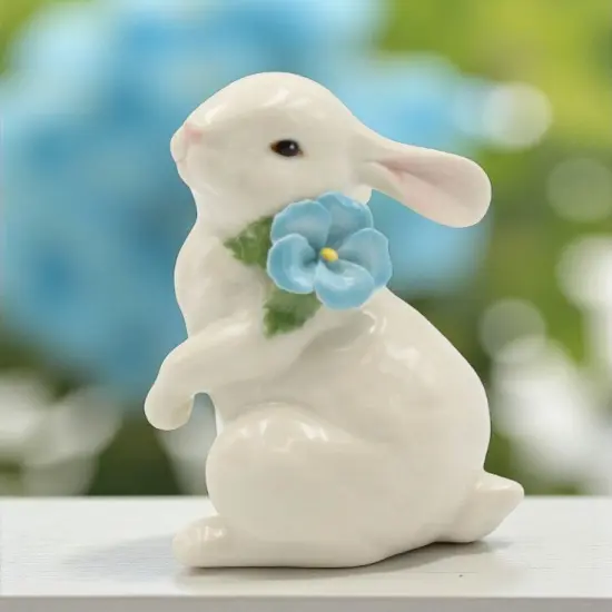 Ceramic White Rabbit with Blue Pansy Flower Figurine, Home D&eacute;cor, Gift for Her, Gift for Mom, Kitchen D&eacute;cor, Spring D&eacute;cor, Easter D&eacute;cor {1}