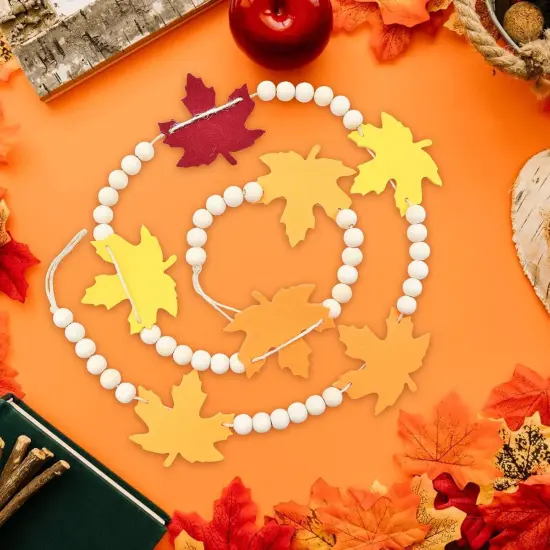 4.2 FT Autumn Wooden Beads Garland with Maple Leaf Charms {2}