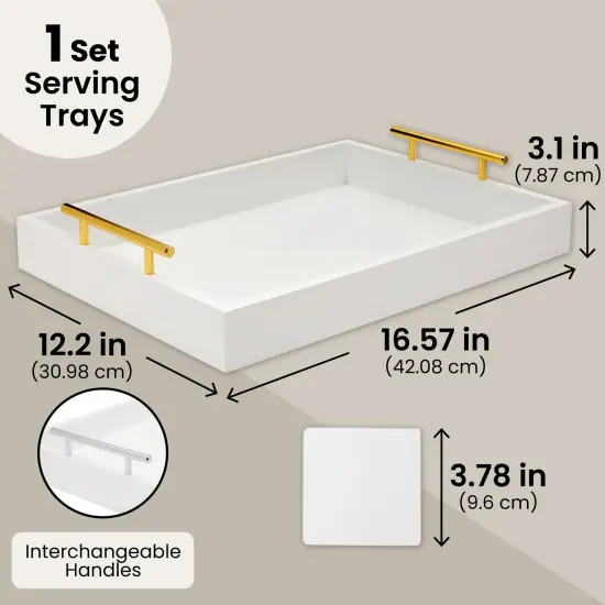 White Serving Tray with Handles and Coasters - Decorative Coffee Table Tray with Interchangeable Gold and Silver Handles, 16.57 x 12.2 x 3.1 inches {6}