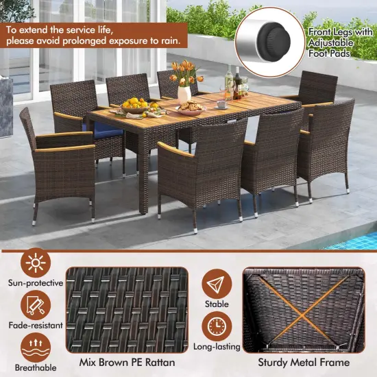 Costway 9PCS Outdoor Dining Set with Acacia Wood Table Top Patio Dining Set for 8 People Navy/Beige {6}