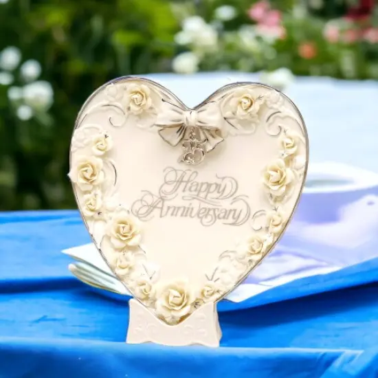 Ceramic 25th Anniversary Rose Heart Plate & Stand, Anniversary D&eacute;cor or Gift, Home D&eacute;cor, Gift for Her, Gift for Parents {2}