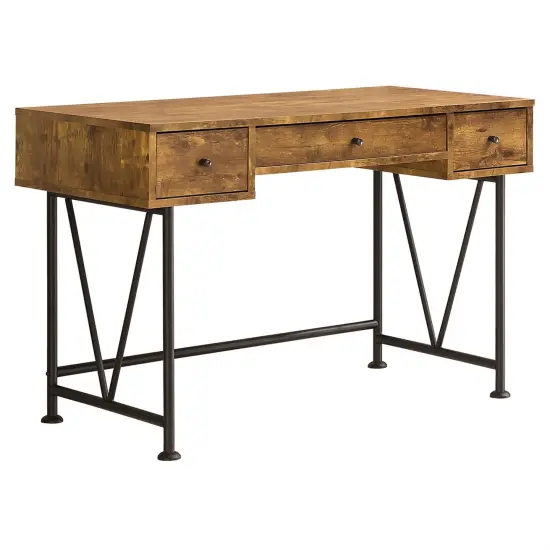 Rustic Brown-Black Farmhouse 3-Drawer Writing Desk with Wood Top and Metal Base {1}